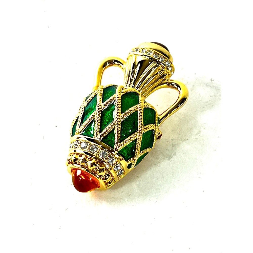 Joan Rivers Classics Collection Green Enamel Faberge Style Amphora Vase Brooch